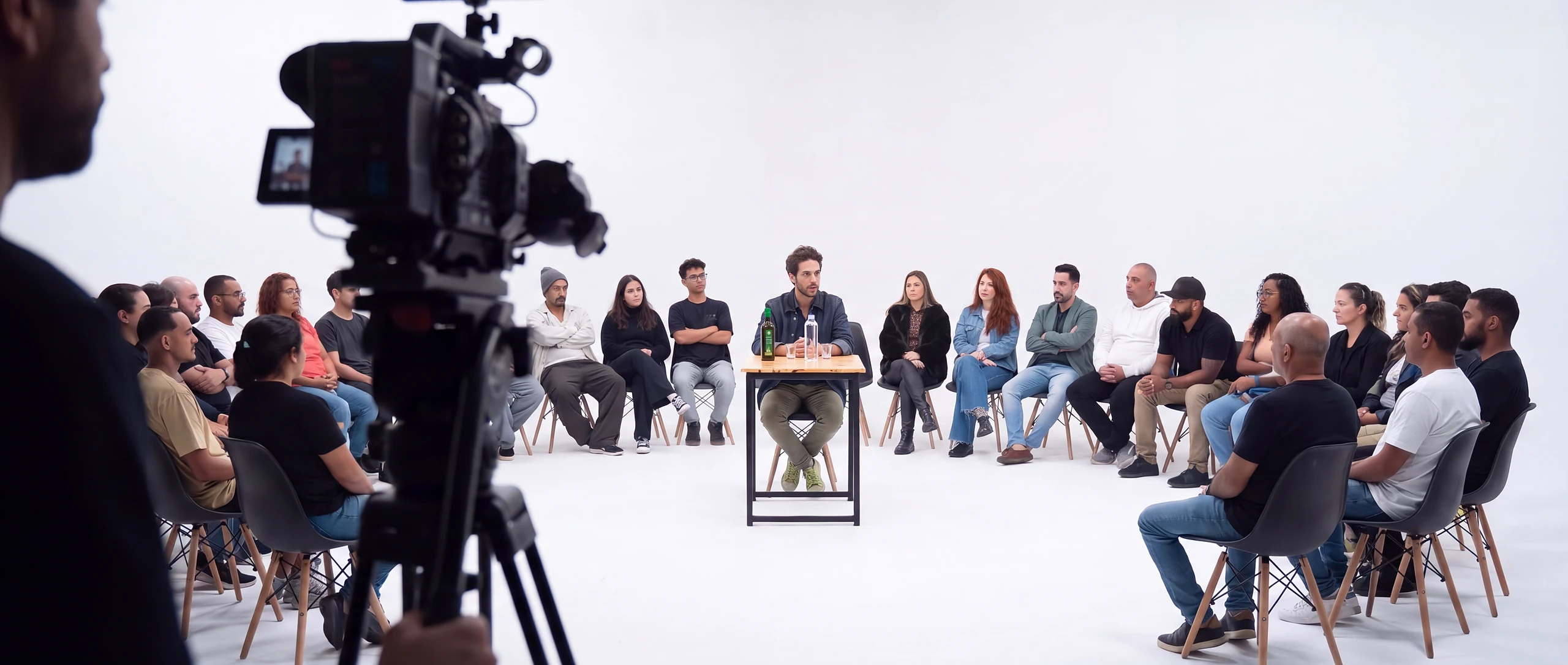 Bastidor ilustrativo do formato: vista por trás de uma câmera de cinema, uma pessoa à mesa central diante de um semicírculo de cerca de trinta pessoas, no estúdio branco.