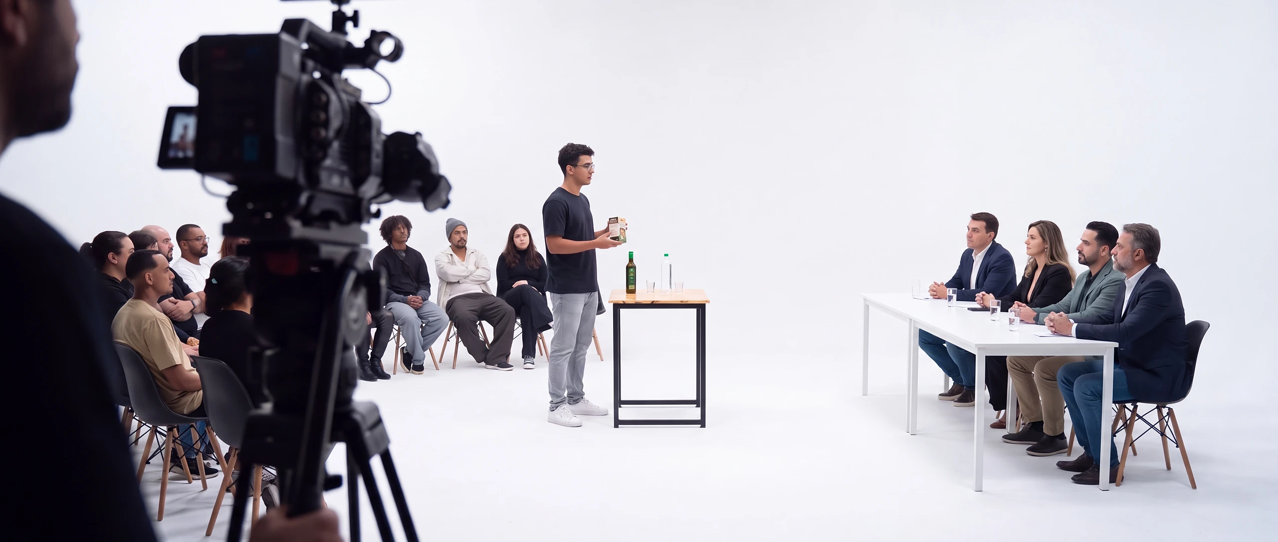 Bastidor ilustrativo do formato: vista por trás de uma câmera de cinema, uma pessoa em pé apresenta uma caixa a cinco investidores sentados atrás de uma mesa comprida, no estúdio branco.